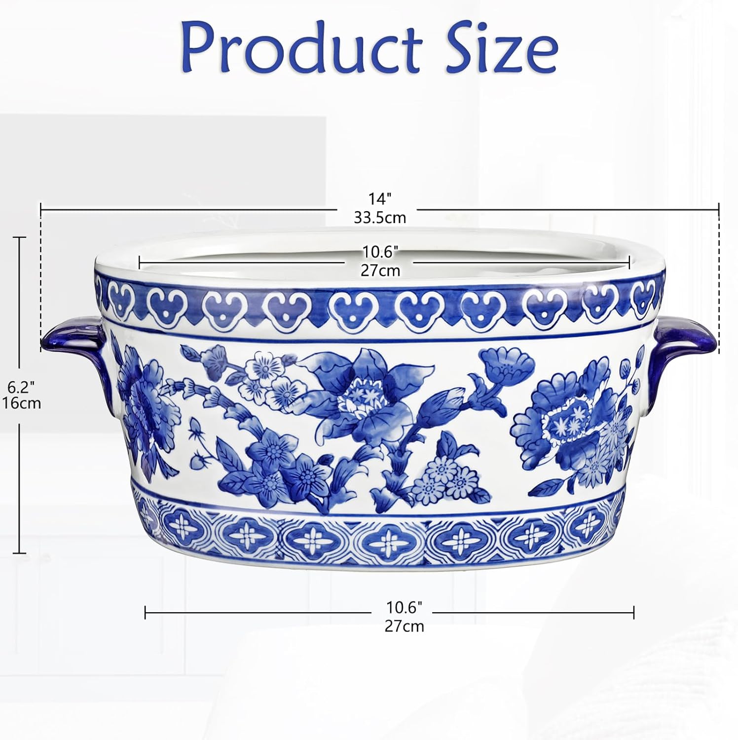 Blue and White Ceramic Planter Pot – Vintage Floral Oval Cachepot Vase for Indoor Plants, Flowers & Succulents – Glazed Chinese Porcelain Style Decorative Bowl –10.6" Size – No Drainage