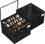 2 Pack Shoe Organizer for Closet, Adjustable Dividers Foldable Shoe Storage Box with Clear Cover, Fits Up to 32 Pairs Large Space Saving Shoe Containers, Reinforced Handles, Black