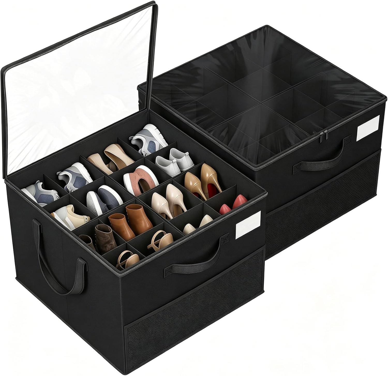 2 Pack Shoe Organizer for Closet, Adjustable Dividers Foldable Shoe Storage Box with Clear Cover, Fits Up to 32 Pairs Large Space Saving Shoe Containers, Reinforced Handles, Black