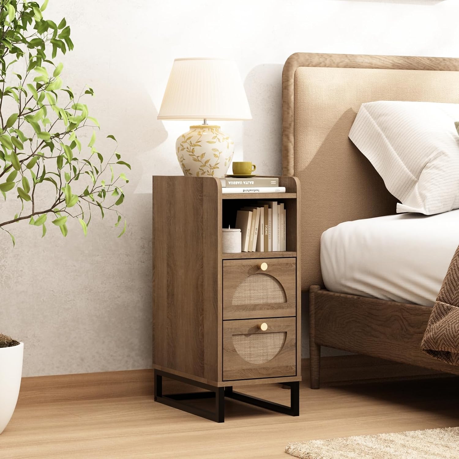 Narrow Nightstand for Small Spaces - 9.3" Slim Side Table with Rattan-Weave Drawers, Skinny Bedside Table with Open Shelf, Rustic Tall Thin Gap Filler for Bedroom, Caramel Oak, Set of 2