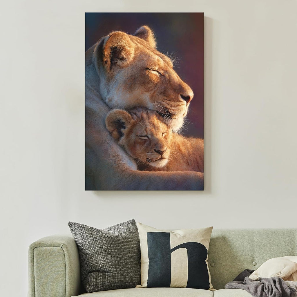 Framed Lion Wall Art African Wild Lioness and Cub Canvas Prints Sunset Safari Wildlife Animal Picture Painting Modern Artwork for Living Room Bedroom Office Home Decor 16" x 24", Mother's Day