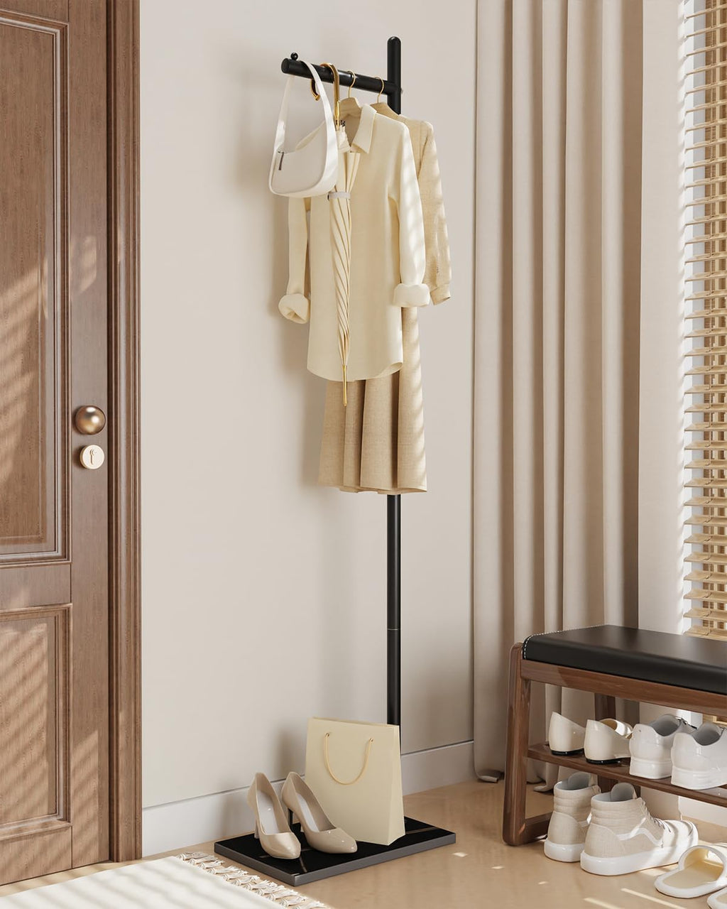 Yawinhe Metal Coat Racks with Square Base,L-Shaped Clothes Stand,Black | Freestanding Hall Tree for Bedroom;Clothes Hanger Stand Suitable for Entryway; Stable Clothing Rack for Hallway