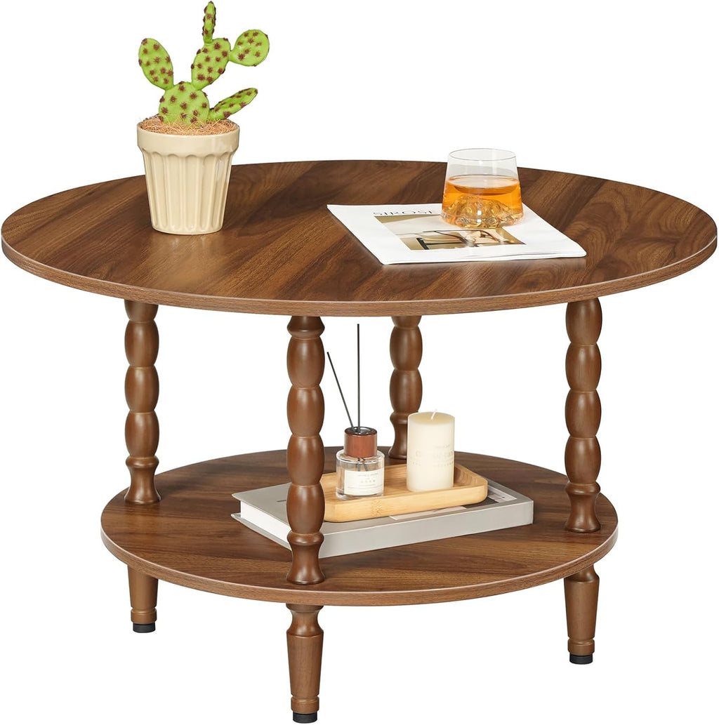 HOOBRO Coffee Table, 2-Tier Round Coffee Table, Coffee Table for Living Room, Center Table with 2-Tier Open Storage Shelf, Home Office, Walnut WL75KF01