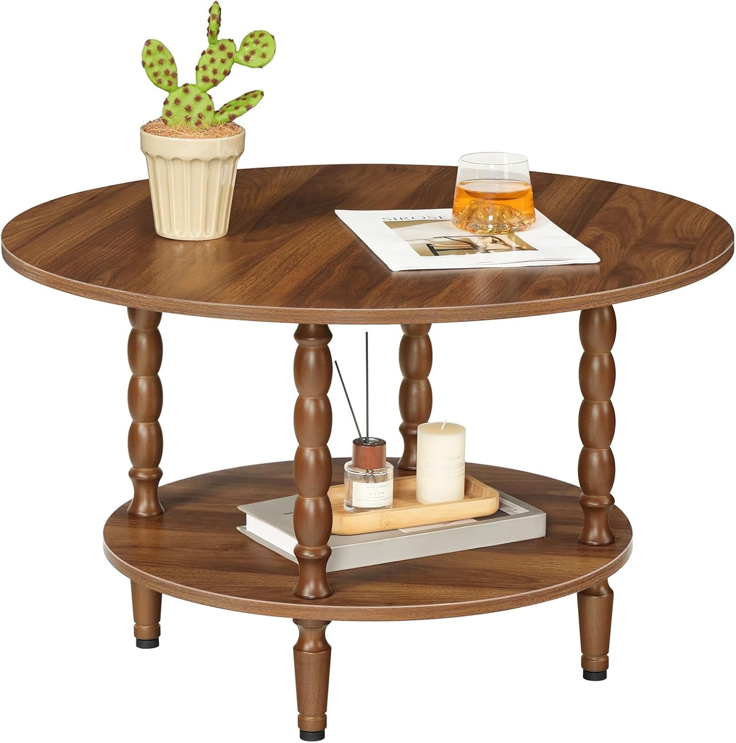 HOOBRO Coffee Table, 2-Tier Round Coffee Table, Coffee Table for Living Room, Center Table with 2-Tier Open Storage Shelf, Home Office, Walnut WL75KF01
