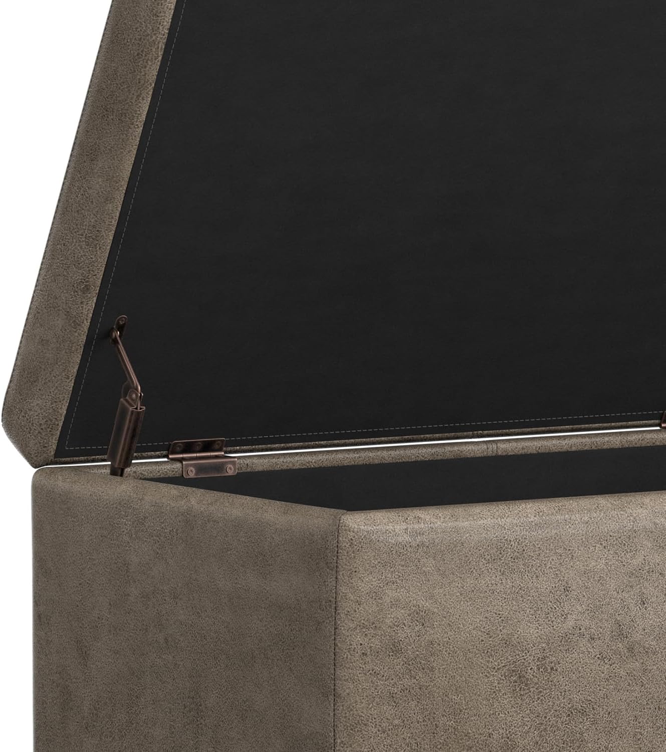 SIMPLIHOME Avalon Storage Ottoman Bench - 48" Wide x 16" High Upholstered Vegan Leather Rectangular Lift-Top Ottoman in Distressed Smoky Grey Brown, Transitional Storage Bench with High-Density Foam