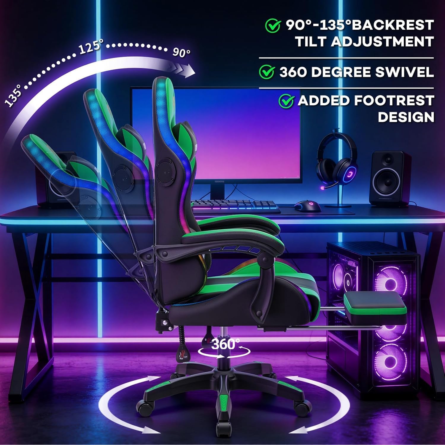 HOFFREE RGB Gaming Chair with Speakers Music Rhythm LED Lights Massage Computer Chair Video Game Chairs for Adults High Back Gamer Chair with Footrest & Lumbar Support Green