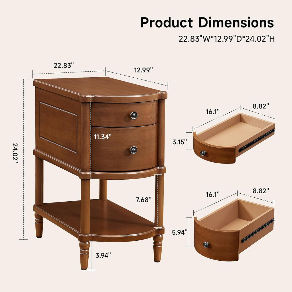 ONBRILL Narrow End Table with Charging Station, Pre-Assembled Nightstand with 2 Drawers & Shelf, Vintage Rustic Side Table with Storage, Wood Bedside Table for Bedroom Living Room, Walnut