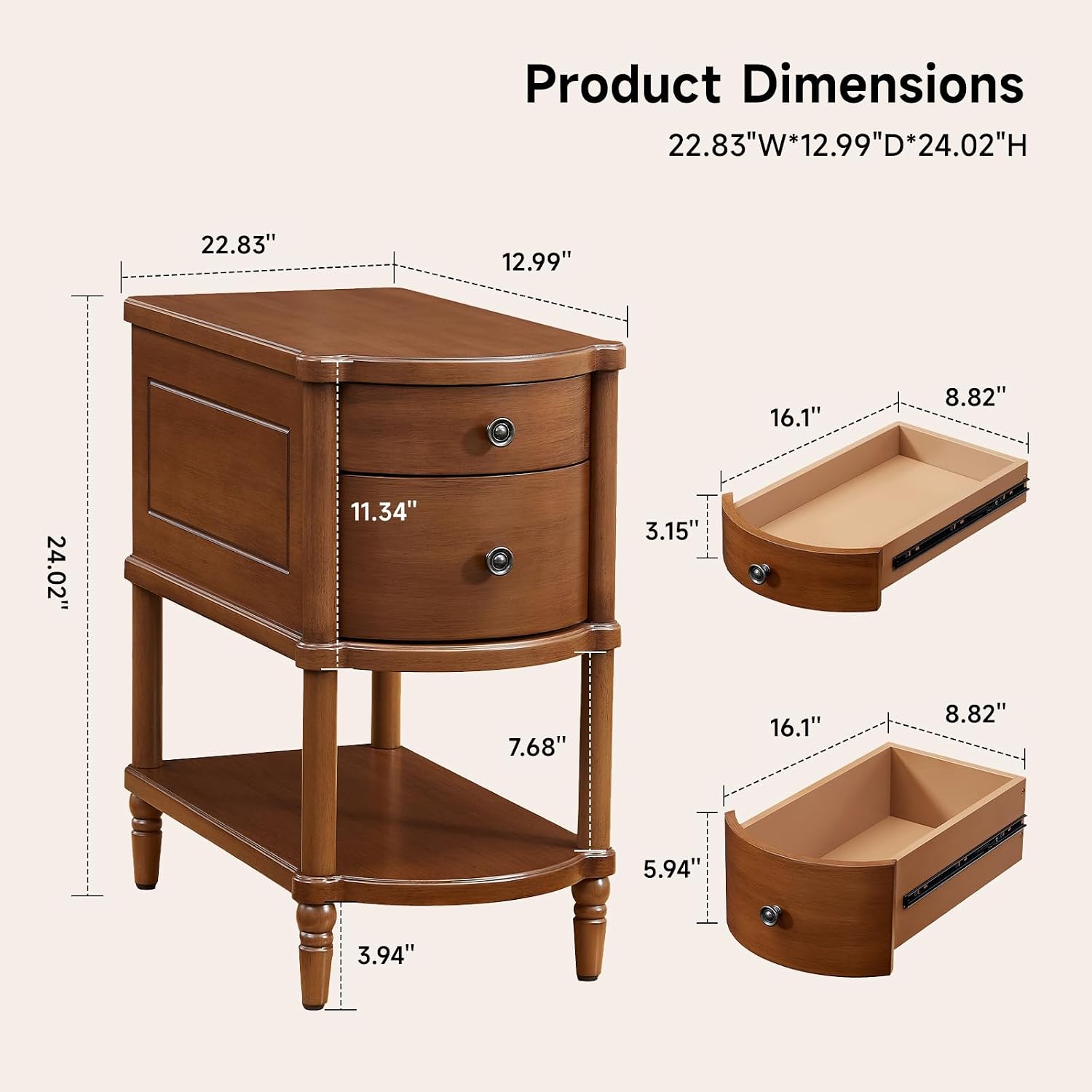 ONBRILL Narrow End Table with Charging Station, Pre-Assembled Nightstand with 2 Drawers & Shelf, Vintage Rustic Side Table with Storage, Wood Bedside Table for Bedroom Living Room, Walnut
