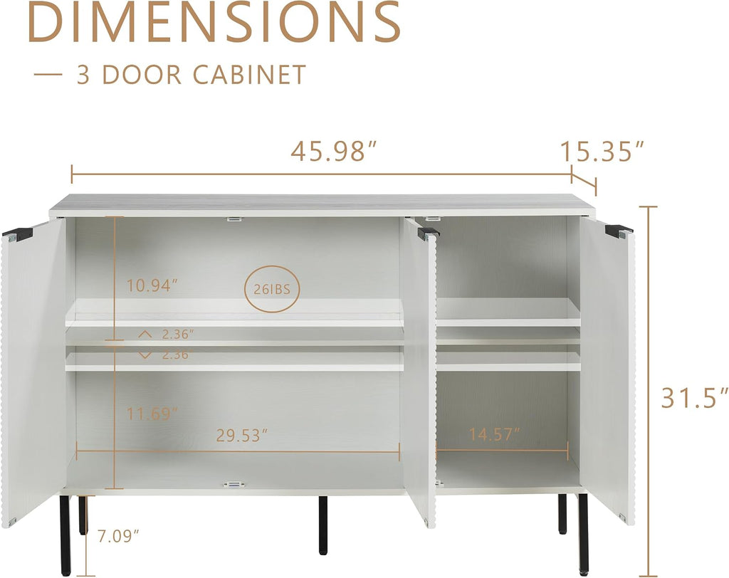 Buffet Sideboard Cabinet,VDNEND Freestanding Storage Cabinet,Long Accent Cabinets with 3 Doors and Shelve,Farmhouse Credenza Large Kitchen Storage Cabinets Cupboard for Living Room (1, Embossed White)