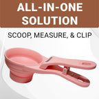 MeasureMate Pet Food Scoops with Bag Clip for Dog and Cat - 3-in-1 Multi-Function Collapsible Food Measuring Cup - 1/2 Cup Capacity, 4oz, Pink - Dishwasher Safe