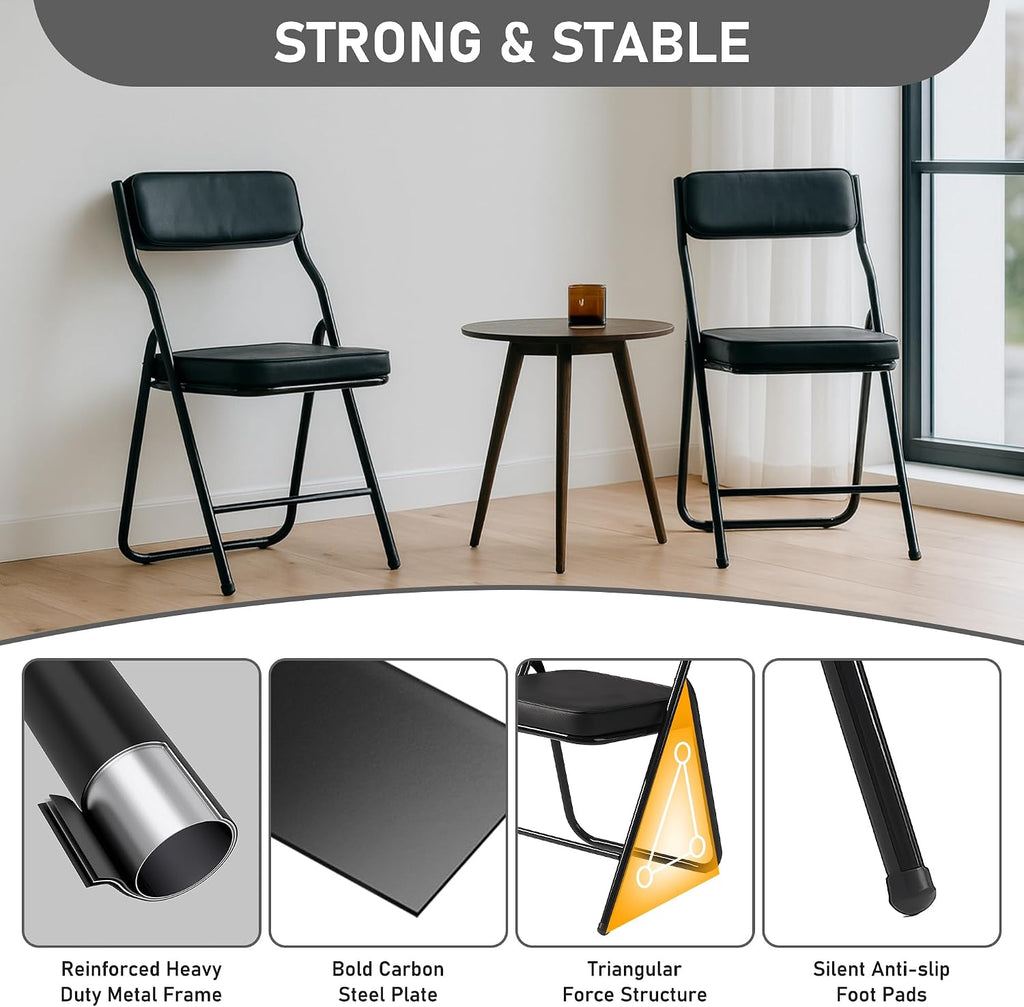 2 Pack Padded Folding Chairs with Cushion, Foldable Dining Chair Set Portable Indoor Outdoor Stackable Folding Chairs with Steel Frame for Home Office Events Wedding Party Black