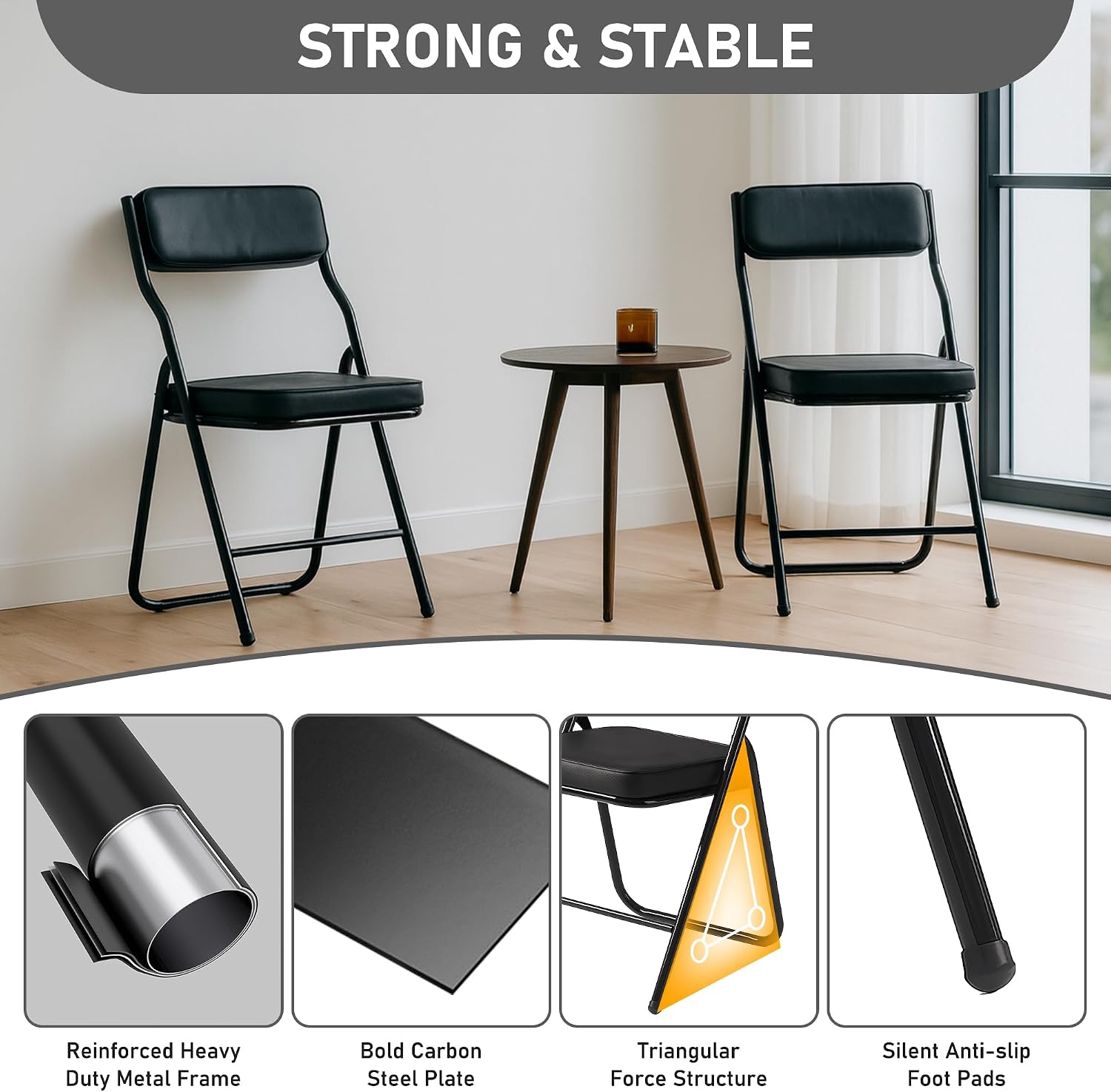 2 Pack Padded Folding Chairs with Cushion, Foldable Dining Chair Set Portable Indoor Outdoor Stackable Folding Chairs with Steel Frame for Home Office Events Wedding Party Black