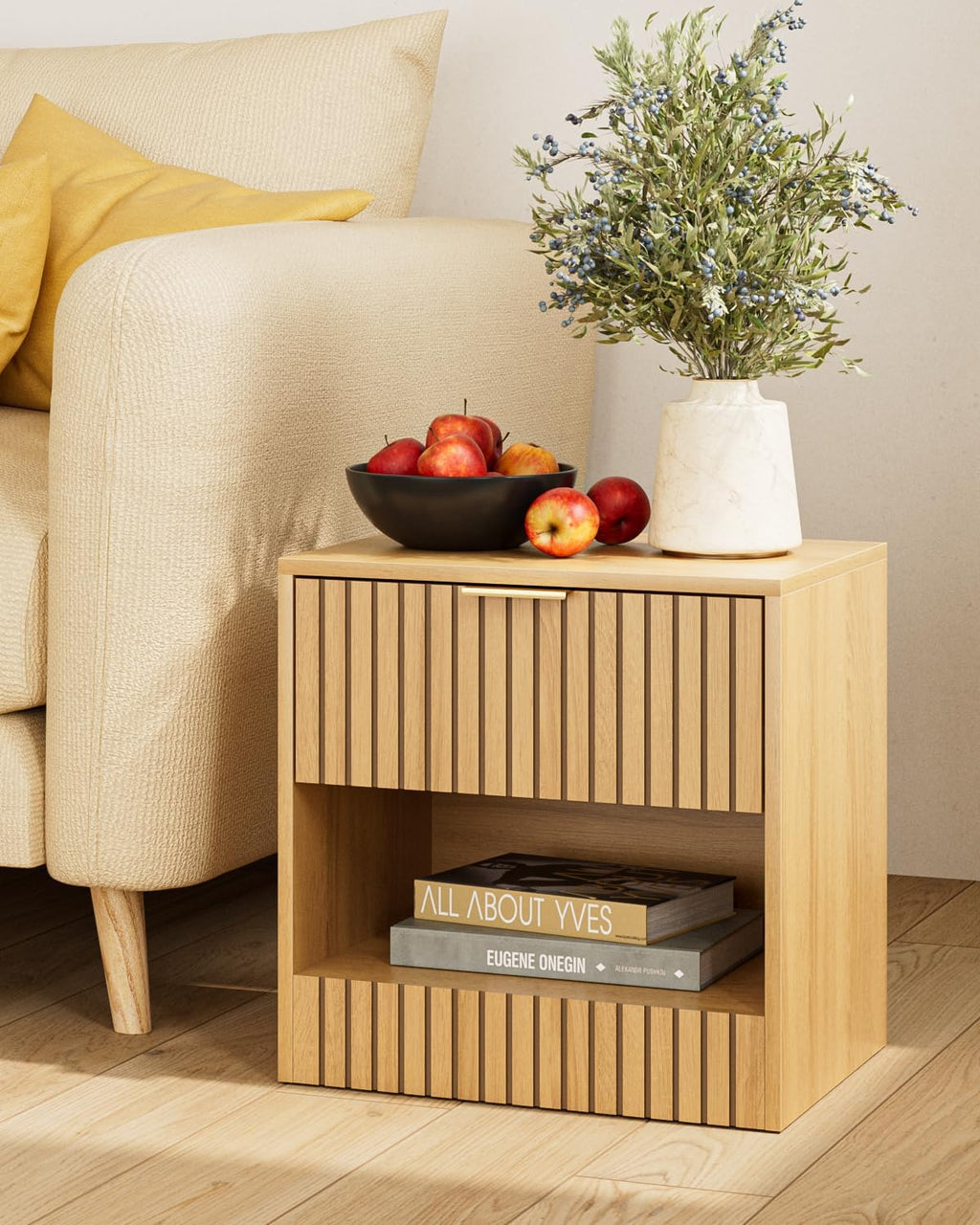 Small Nightstand, Modern Night Stand, Bedside Table with Drawer and Open Shelf, Cube Design, Small Side Table for Bedroom, Living Room, Oak