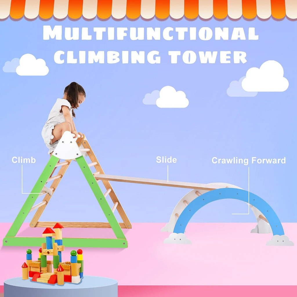 Wooden Climbing Triangle Toys Indoor Arc Climber Jungle with Ramp and Arch Toy Rocker, Reversible Multifunction Playset Natural Wood Playground BD269