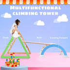 Wooden Climbing Triangle Toys Indoor Arc Climber Jungle with Ramp and Arch Toy Rocker, Reversible Multifunction Playset Natural Wood Playground BD269