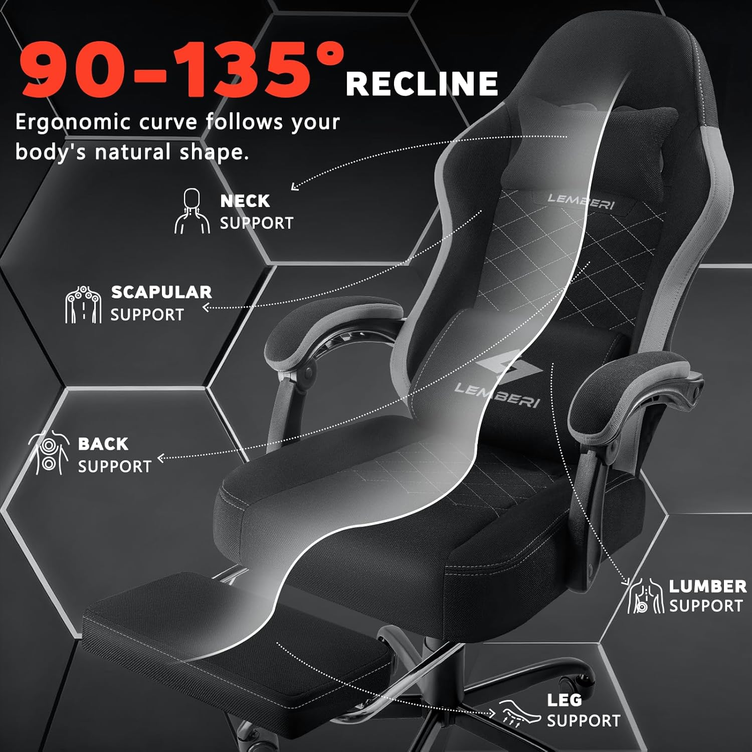 LEMBERI Gaming Chair, Fabric Big and Tall Video Game Chair with Footrest, Massage Lumbar Support, Racing Style Ergonomic Computer Gamer Chair with Adjustable Headrest (Gray)