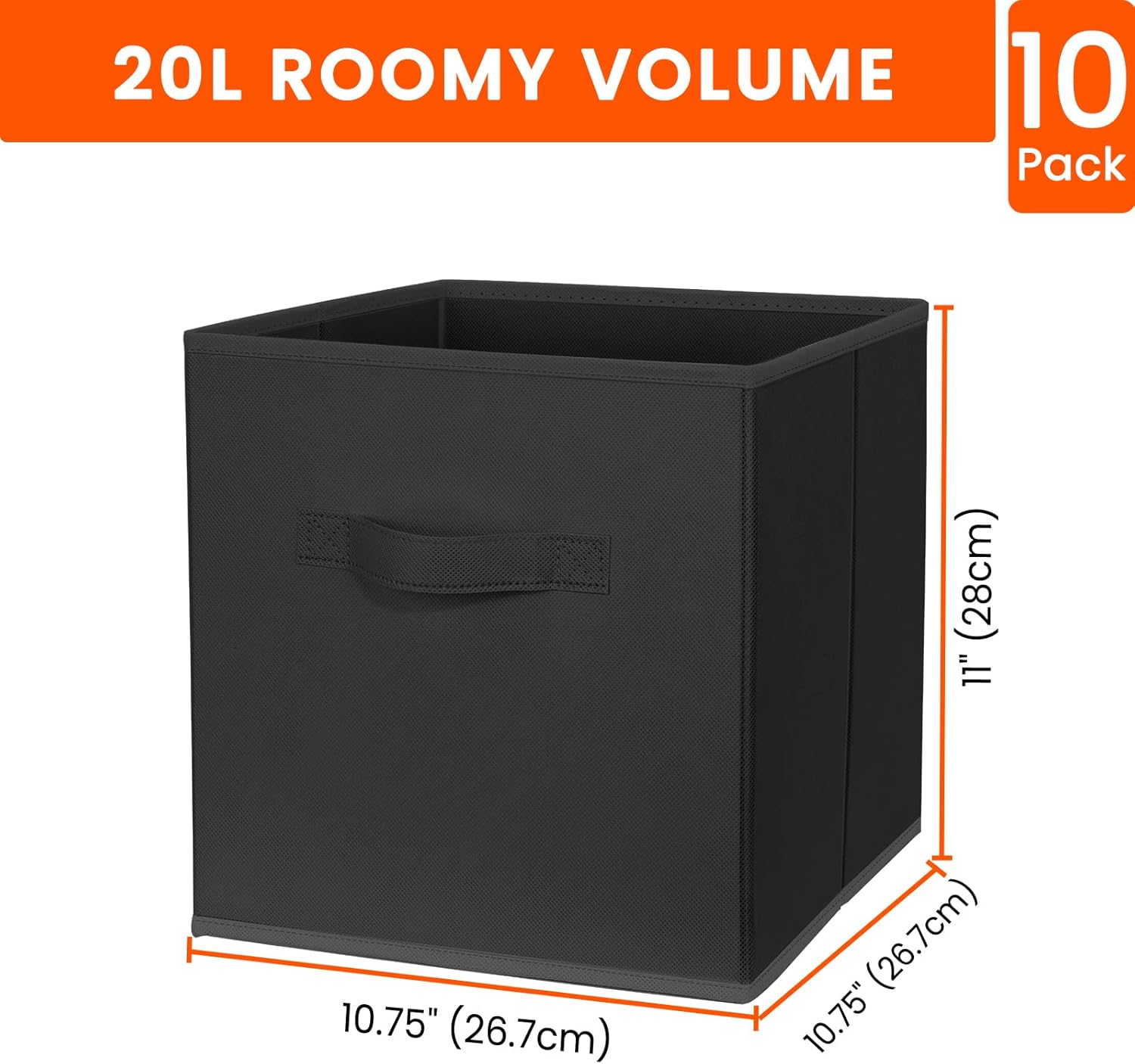Criusia Storage Cubes, 11 Inch Clothes Storage Bins for Shelves Closet (10 Pack), Fabric Collapsible Storage Bins with Dual Handles, Cubby Storage Baskets Boxes, College Dorm Room Essentials (Black)