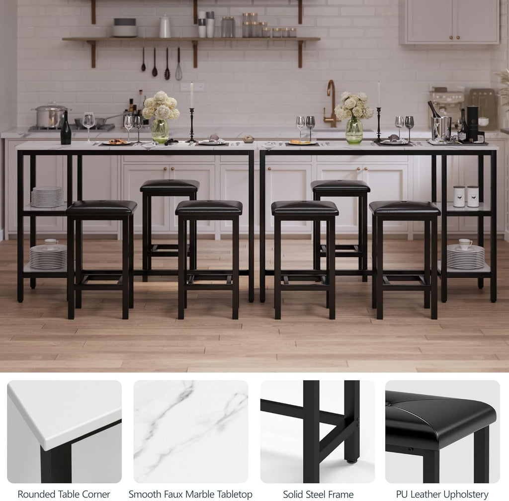 HUGROVE 4-Piece Counter Height Table with 3 PU Upholstered Bar Stools, 57.08" Faux Marble Table Top with Storage, Modern Bar Table and Chairs Set for Kitchen, Living Room, Small Space, Pub (Charcoal)