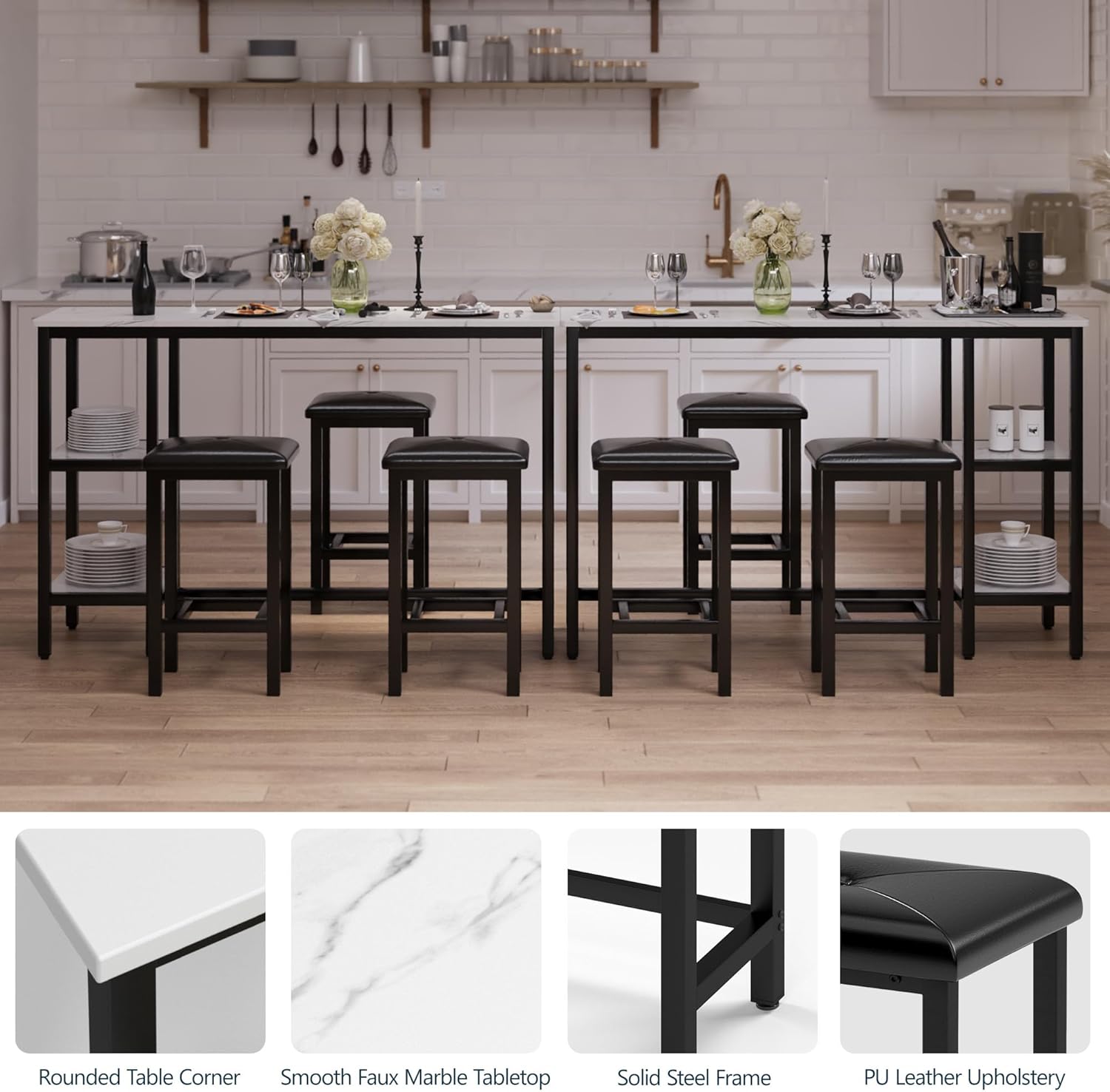 HUGROVE 4-Piece Counter Height Table with 3 PU Upholstered Bar Stools, 57.08" Faux Marble Table Top with Storage, Modern Bar Table and Chairs Set for Kitchen, Living Room, Small Space, Pub (Charcoal)