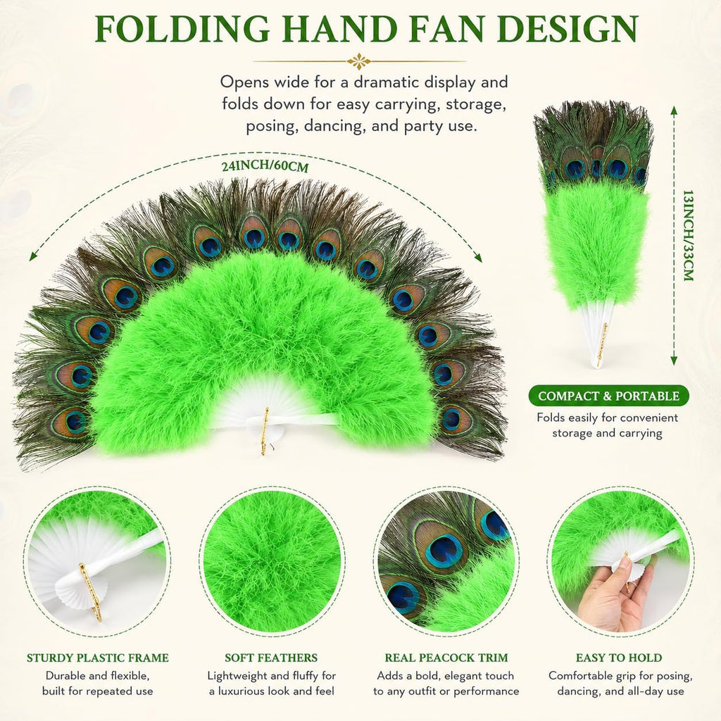 Peacock Feather Fan, Fluffy Feather Folding Hand Fan for 1920s Flapper Costume, Roaring 20s Party, Wedding Decor, Tea Party, Stage Dance (Yellow)
