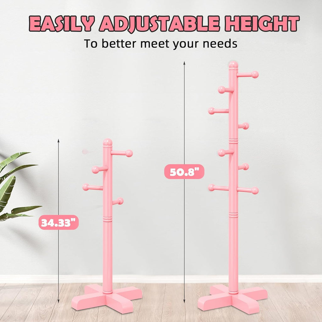 8-Hook Freestanding Wooden Coat Rack 2 Adjustable Heights Pink | Suitable for Bedroom Hallway Entrance Office,Holds Hats Handbags Purses Neatly,Space-Efficient Vertical Stand