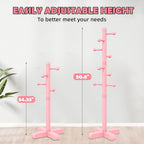 8-Hook Freestanding Wooden Coat Rack 2 Adjustable Heights Pink | Suitable for Bedroom Hallway Entrance Office,Holds Hats Handbags Purses Neatly,Space-Efficient Vertical Stand