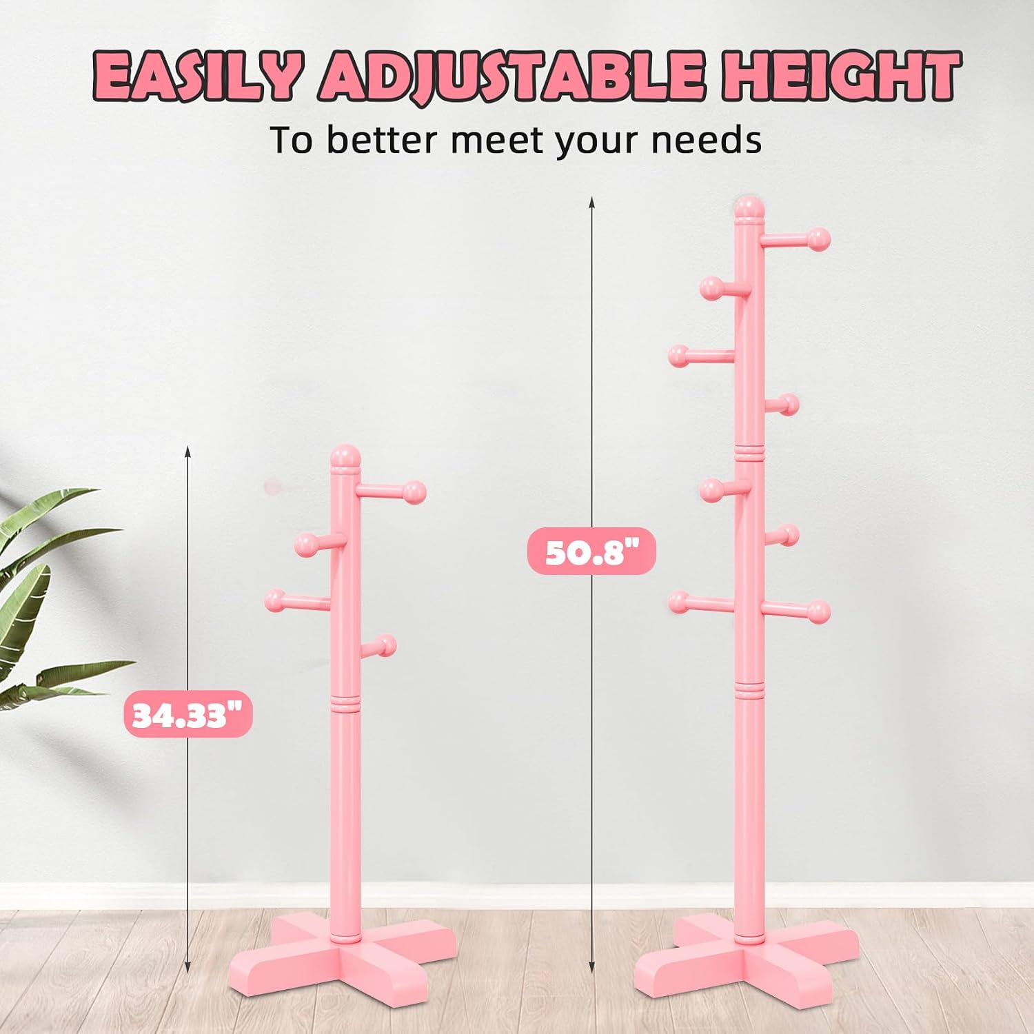 8-Hook Freestanding Wooden Coat Rack 2 Adjustable Heights Pink | Suitable for Bedroom Hallway Entrance Office,Holds Hats Handbags Purses Neatly,Space-Efficient Vertical Stand