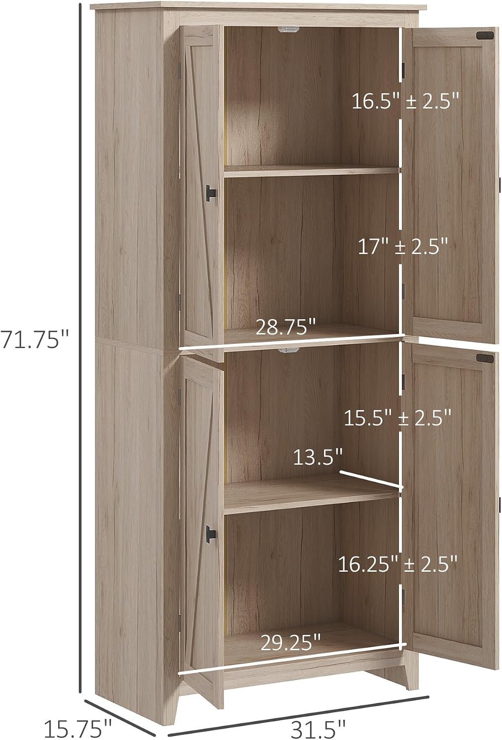 31.5" D*15.75" W*71.75" H Natural Wood Kitchen Pantry with 2 Shelves, 2 Double Doors, Farmhouse Rectangular Storage Cabinet, for Living Room, Dining Room