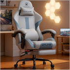 Gaming Chair with Foot Rest & Pocket Spring Cushion, Ergonomic High Back Computer Desk Chair with Headrest & Lumbar Support for Back Pain Relief, Breathable Fabric, Mist-Blue