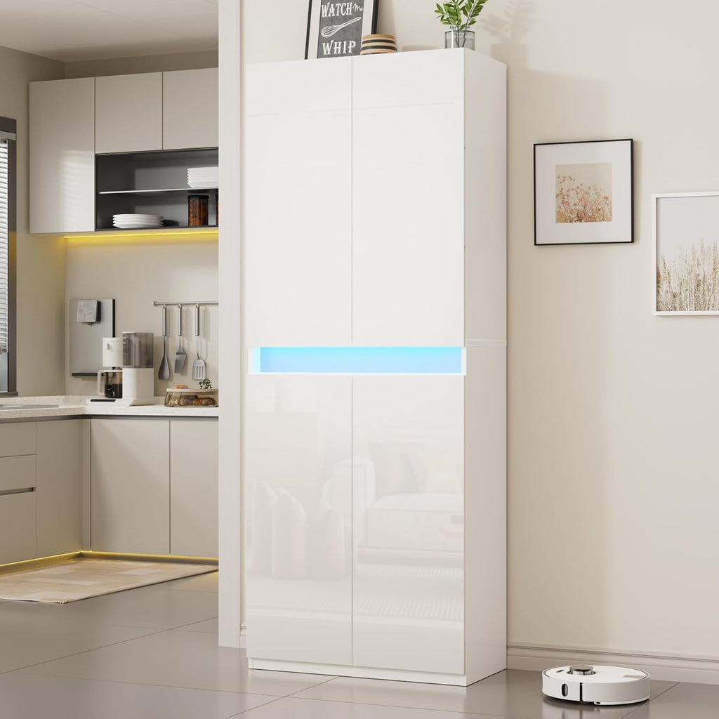 Furnify 71" Tall Pantry Storage Cabinet, Kitchen Pantry with High Gloss Doors, Modern Buffet Hutch Cabinet with Led Light and Adjustable Shelves for Dining Room, Living Room, White