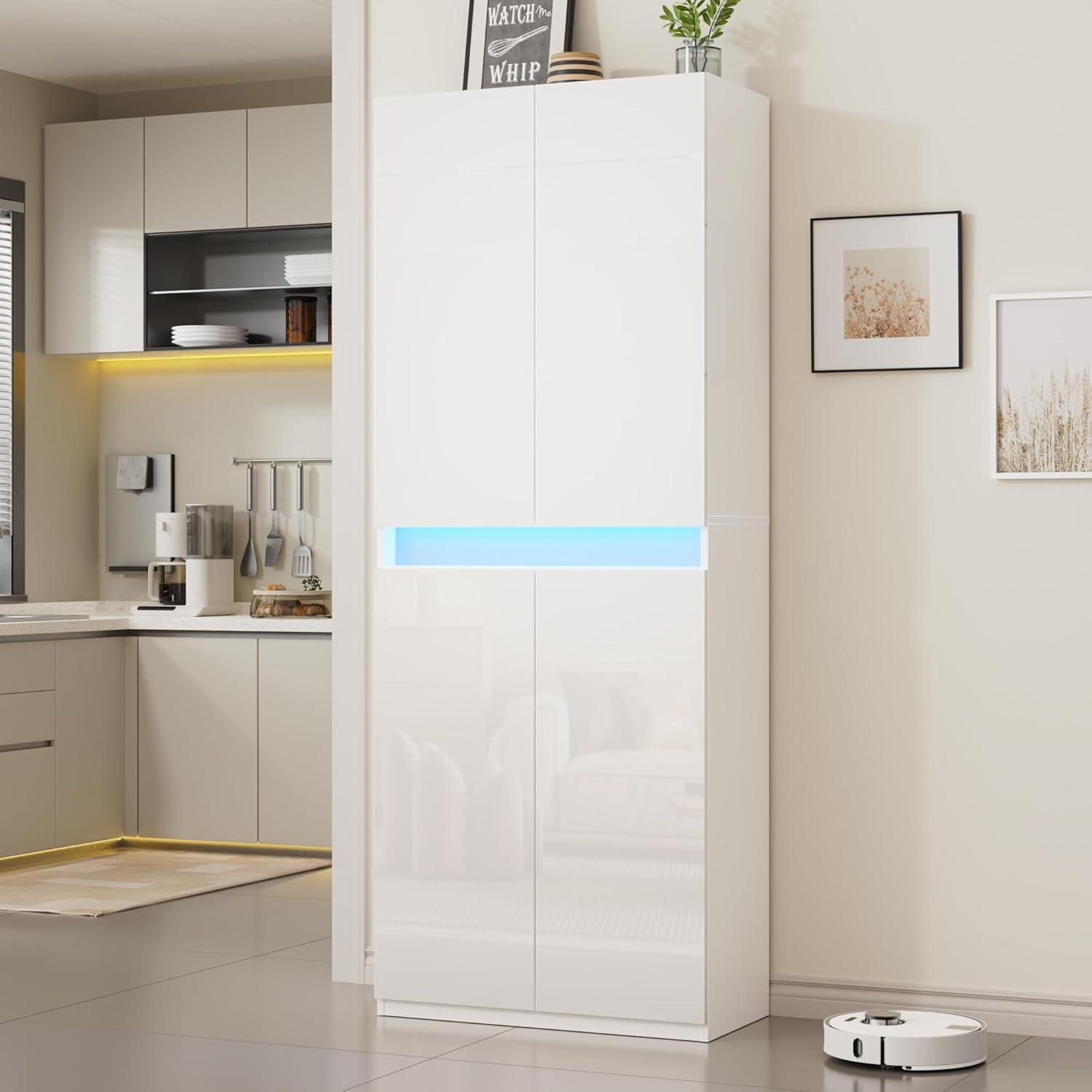 Furnify 71" Tall Pantry Storage Cabinet, Kitchen Pantry with High Gloss Doors, Modern Buffet Hutch Cabinet with Led Light and Adjustable Shelves for Dining Room, Living Room, White