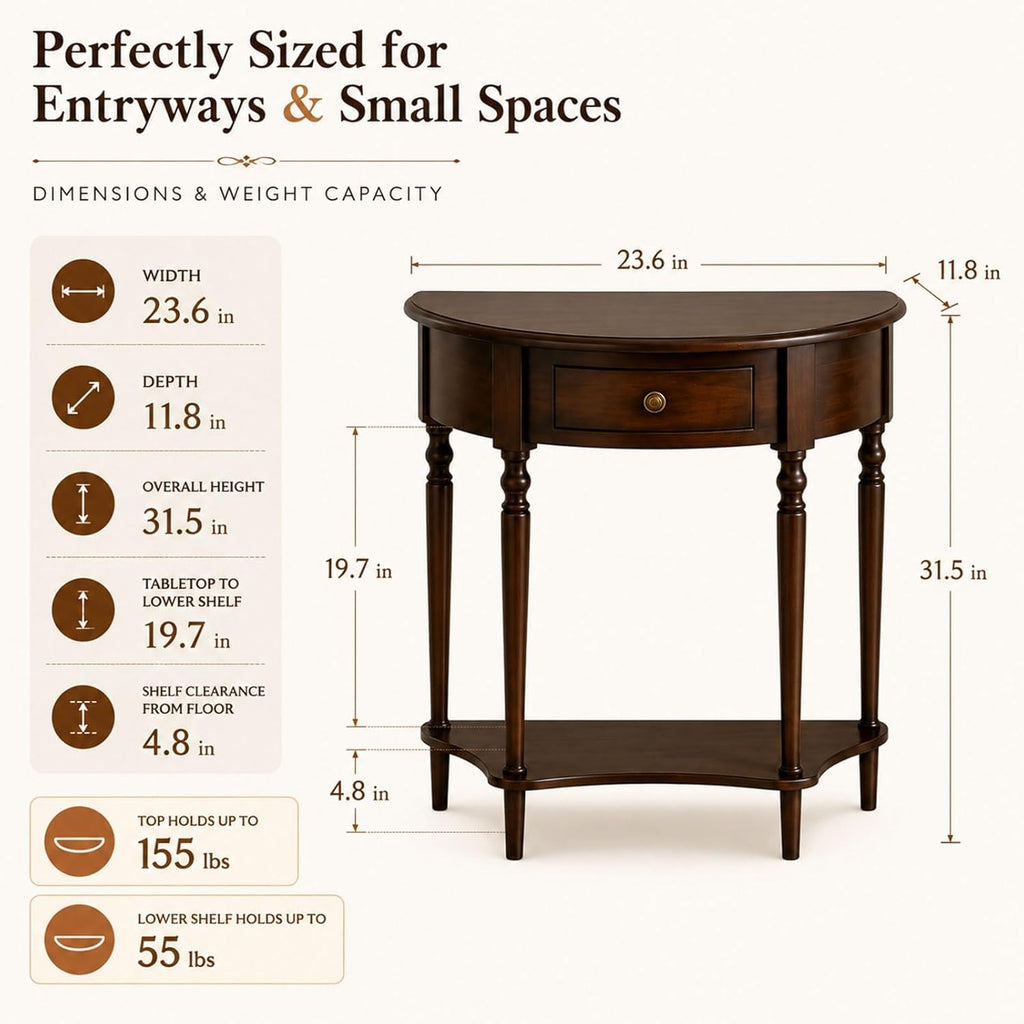 Half Moon Console Table with Drawer & Shelf, Half Round Wood Entryway Table, Narrow Small Console Table for Hallway, Foyer, Living Room & Small Spaces, （Dark Walnut 23.6IN）