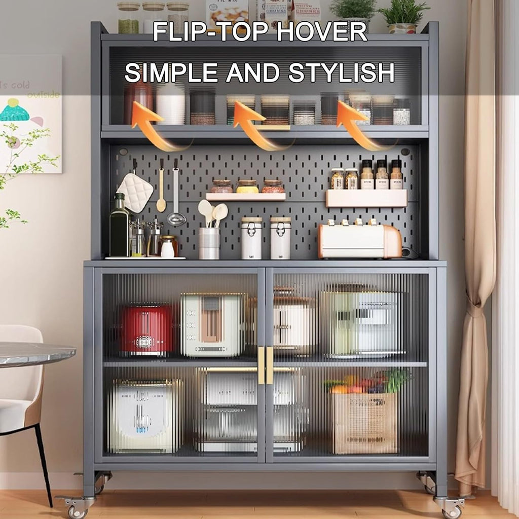 Kitchen Storage Cabinet, Microwave Stand with Flip-up Doors, Kitchen Pantry Storage Cabinet with Rolling Wheels, DIY Backplane Creative, Tall Cupboard for Kitchen, Living Room, Dining Room(White,80*42