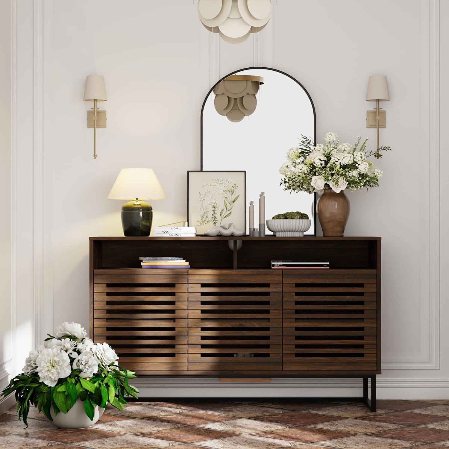 FENSULN Buffet Sideboard Cabinet Modern Storage Cabinet with Louvered Door and Adjustable Shelf for Kitchen, Coffee Bar, Living Room, Brown