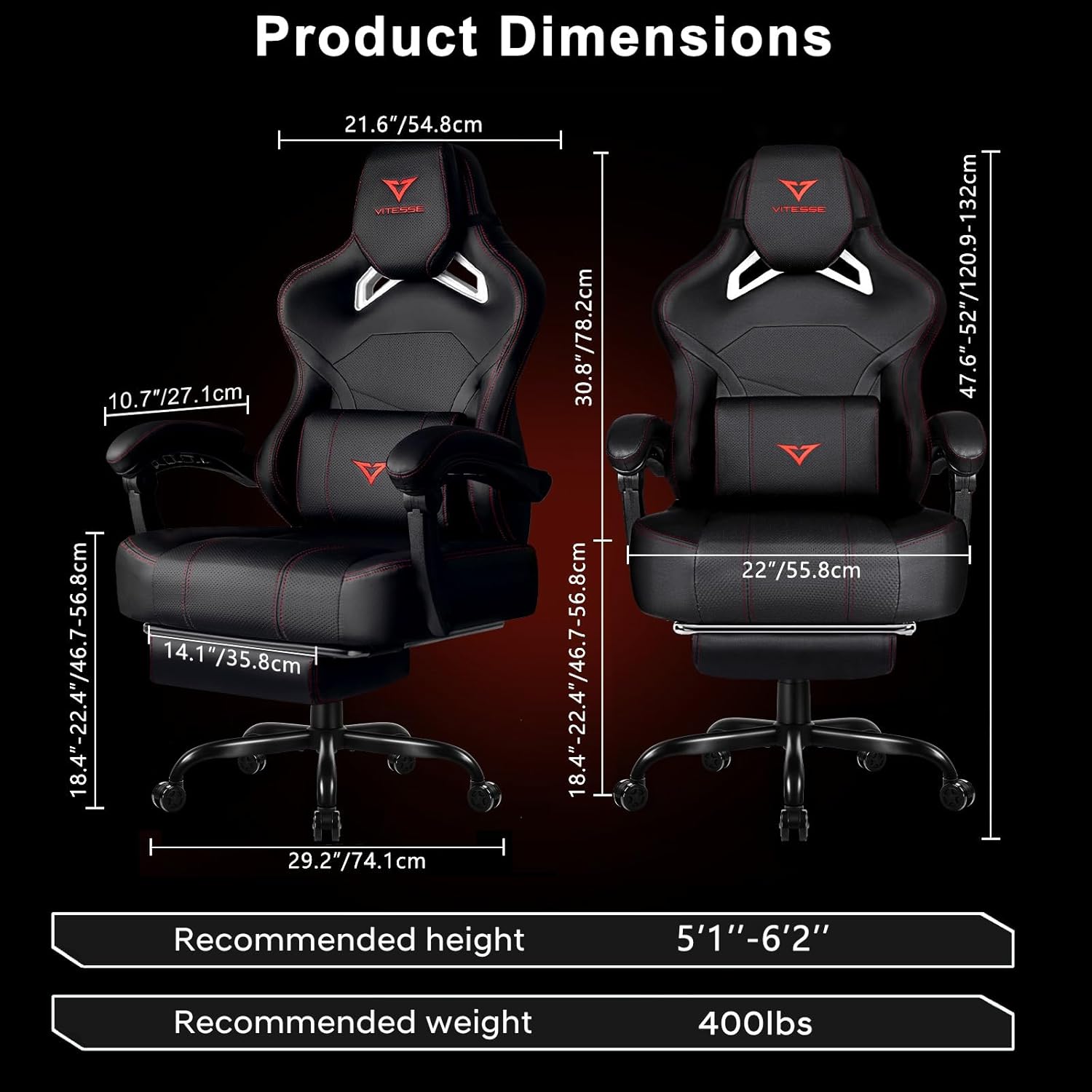 VITESSE Big and Tall Gaming Chair 400lb Capacity with Footrest, Racing-Style High Back Video Game Chair for Adults, PU Leather Computer Chair with Oversized Headrest for Gaming and Work