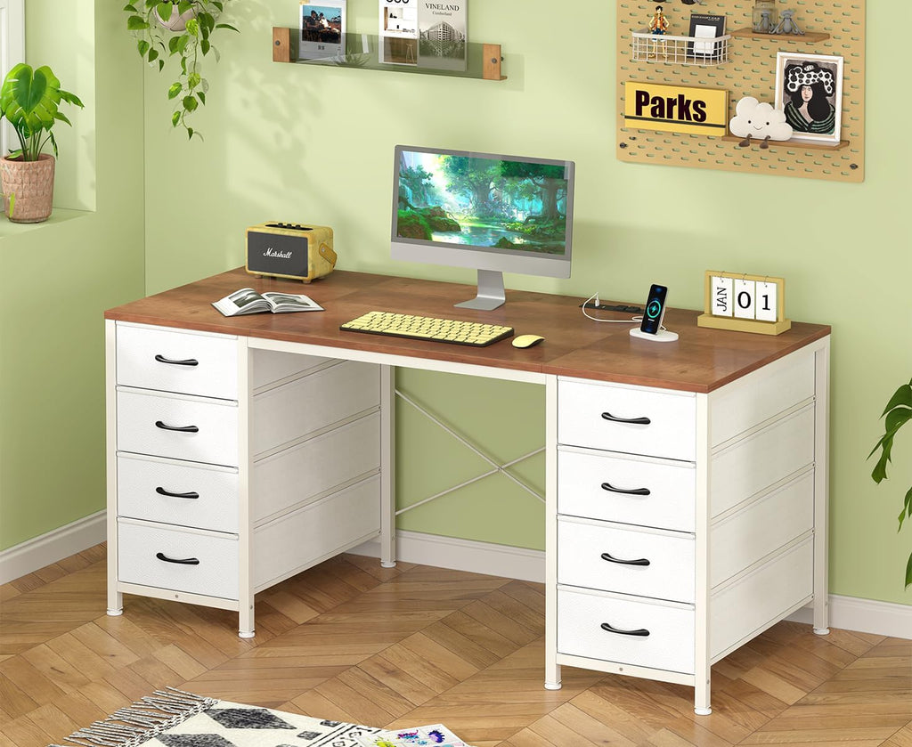 YOMILUVE 50 Inch Computer Desk with 8 Drawers, Home Office Desk with Power Outlets, Work Study Gaming Desk with 8 Fabric Drawers, Brown and White