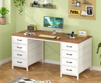 YOMILUVE 50 Inch Computer Desk with 8 Drawers, Home Office Desk with Power Outlets, Work Study Gaming Desk with 8 Fabric Drawers, Brown and White