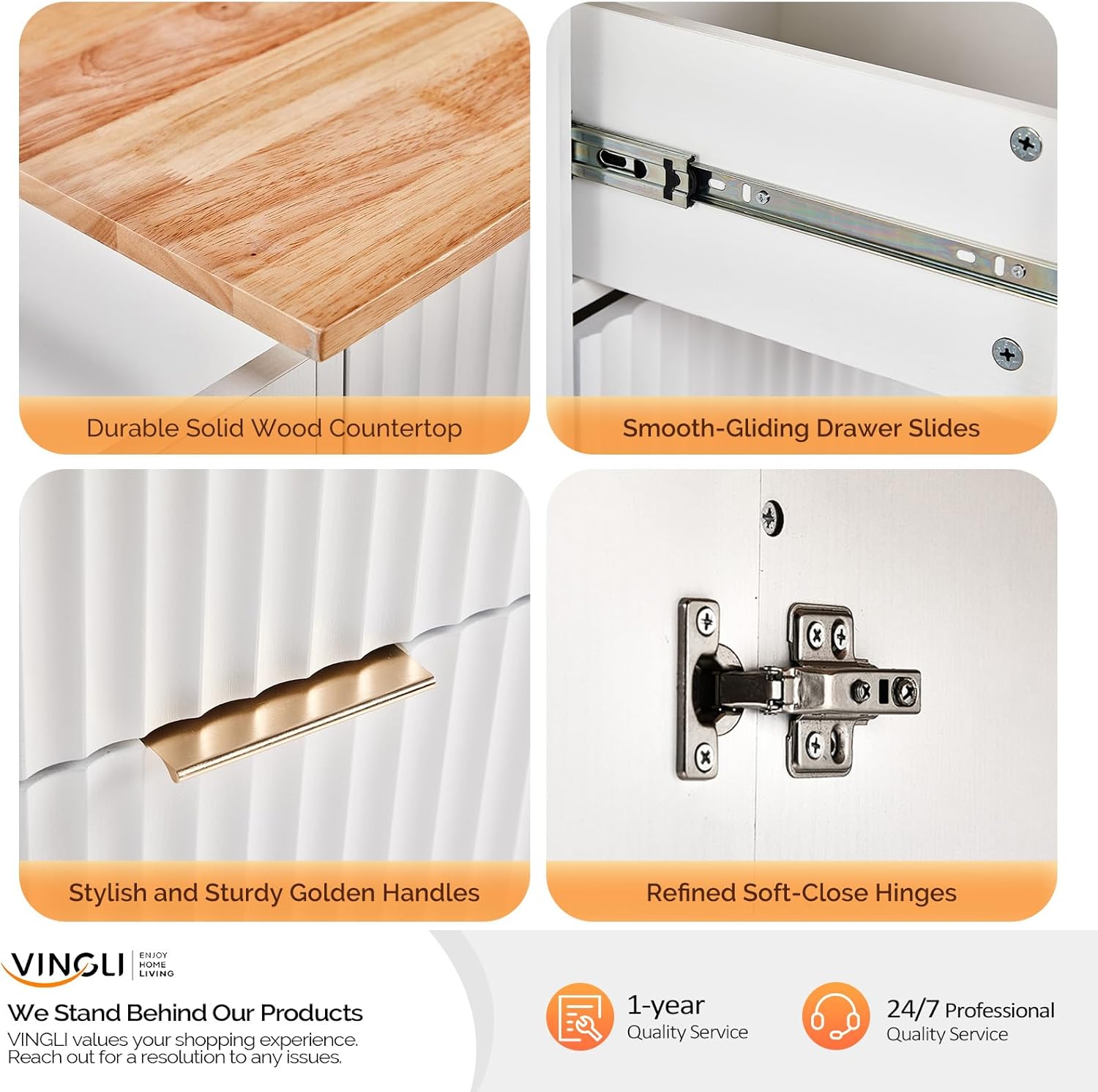 VINGLI Fluted Kitchen Cart with 3 Draws and 2 Doors, White | Drop-leaf Tabletop, Adjuestable Shelves, Towel Bar, 3-tier Side Storage Rack, 360° Rolling Design