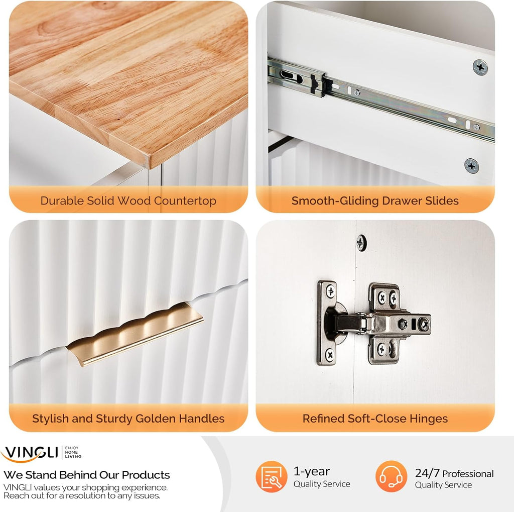 VINGLI Fluted Kitchen Island Cart on Wheels with Storage, Folding Rolling Kitchen Island with Drawers, Small Portable Island Table with Extendable Rubber Wood Top, White