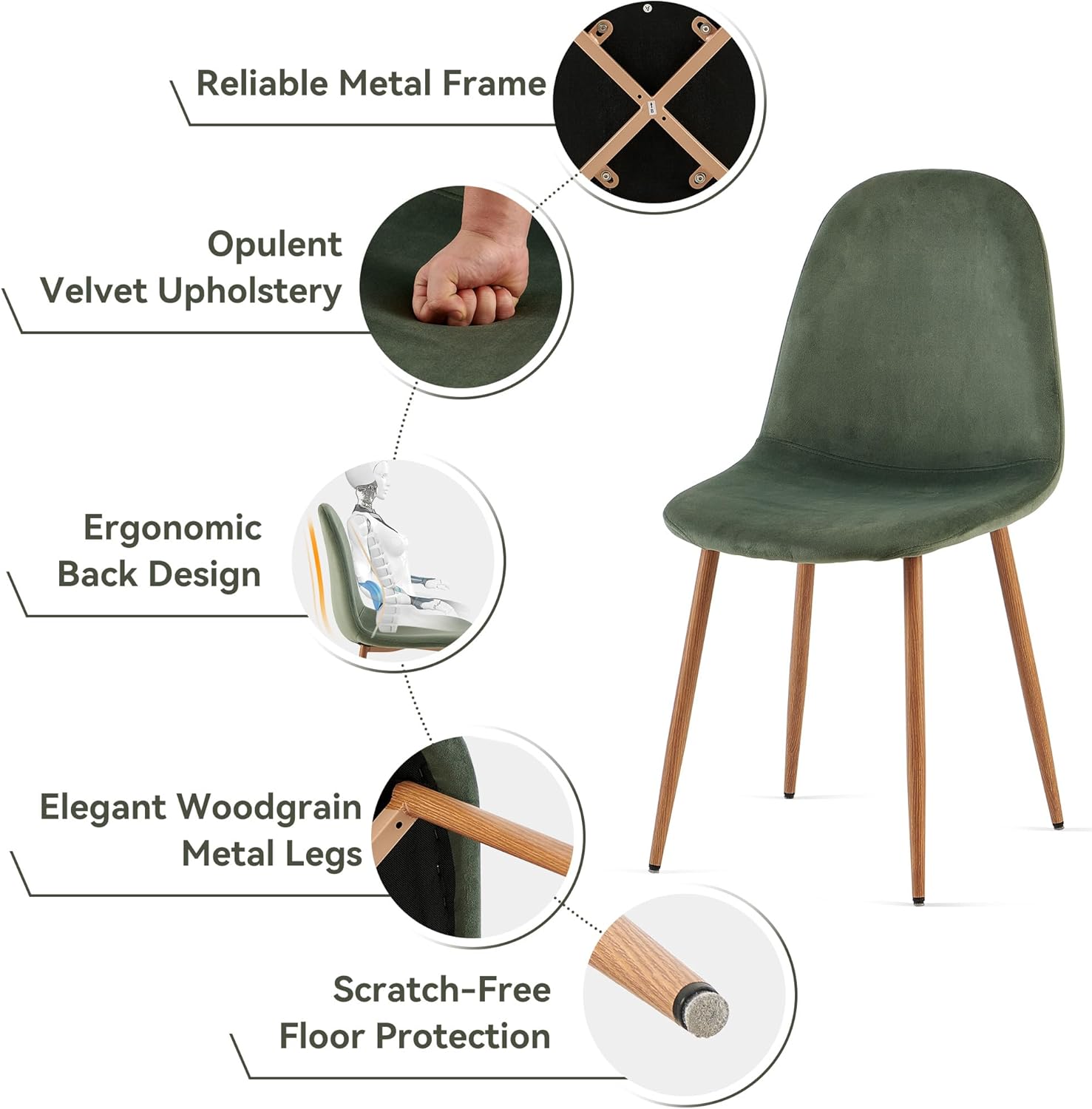 Howtek Dining Chairs Set of 4, Mid Century Modern Green Velvet Upholstered Fabric Kitchen Chairs with Backrest & Metal Legs for Living Room, Dining Room, Vanity - Green