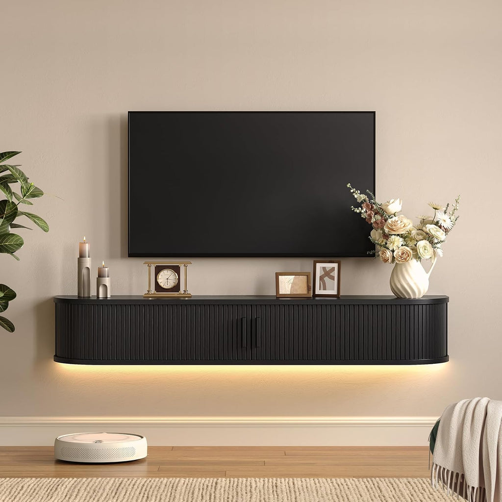 55" Floating TV Stand with Power Outlet for TVs up to 65", Fluted Entertainment Center with Remote Control for LED Lights, Mid-Century Modern TV Console w/Sliding Door for Living Room, Bedroom Black