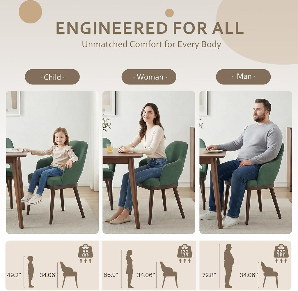 MALOL Wooden Dining Chairs Set of 2, Modern Fabric Upholstered Dining Room Chair, Kitchen Side Chairs, Farmhouse Dinner Chair with Open Back for Kitchen, Green