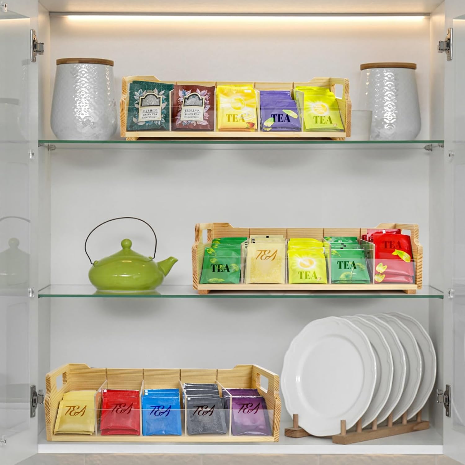 ZAVOOS Tea Bag Organizer, 3 Tier Large Stackable Tea Station Storage Box with 15 Compartments, Wooden Teabag Holder Sugar Packets Chest with Acrylic Divider for Kitchen, Countertop, Cabinet, Pantry