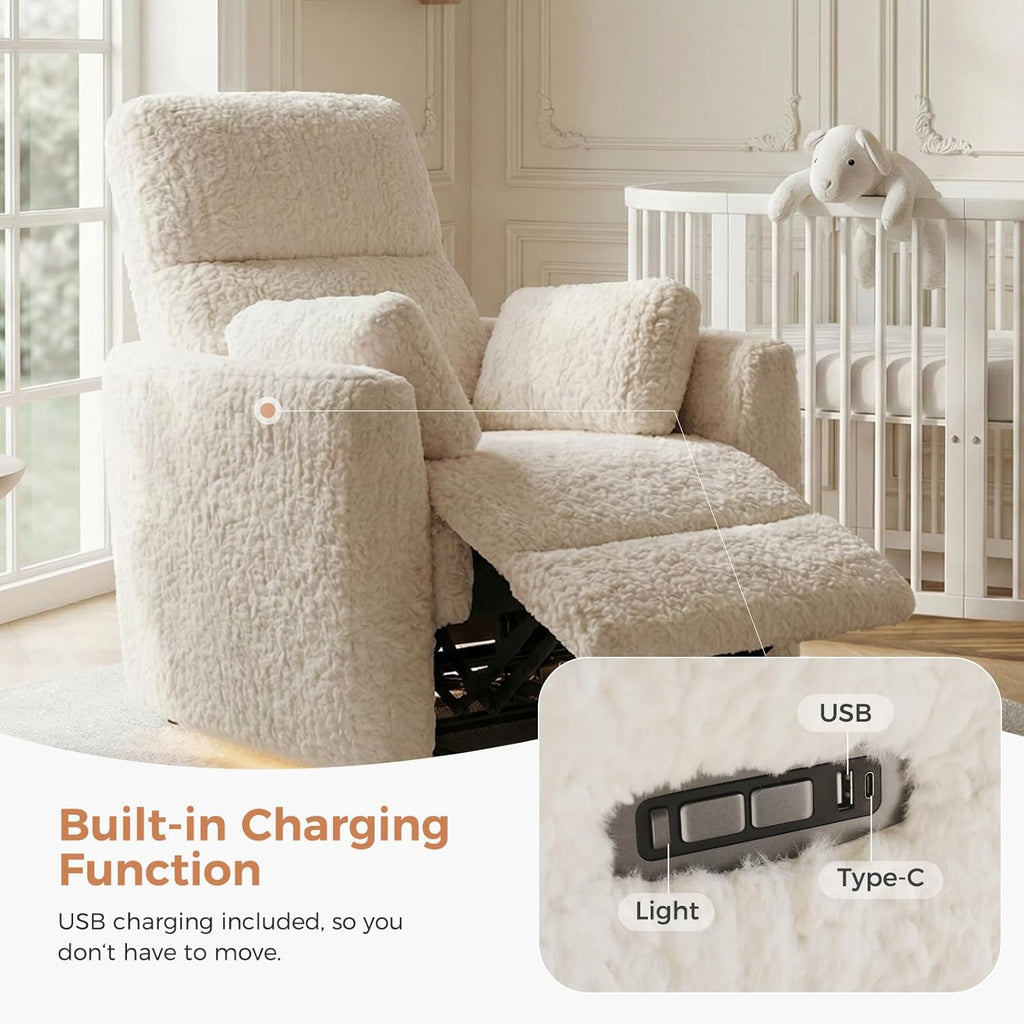 HUSFU Power Swivel Rocker Recliner Chair, Nursery Glider Rocking Chair for Adults with Nightlight and USB & Type-C Ports, Comfy Plush Recliner Chairs for Living Room, Bedroom, Cream
