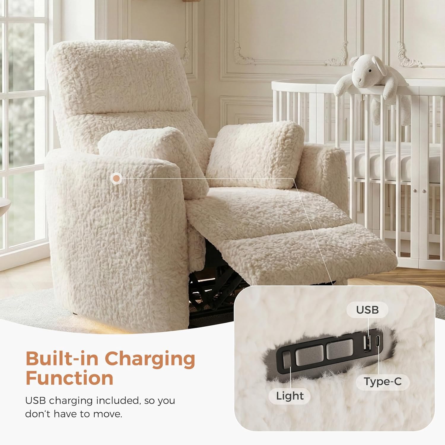 HUSFU Power Swivel Rocker Recliner Chair, Nursery Glider Rocking Chair for Adults with Nightlight and USB & Type-C Ports, Comfy Plush Recliner Chairs for Living Room, Bedroom, Cream