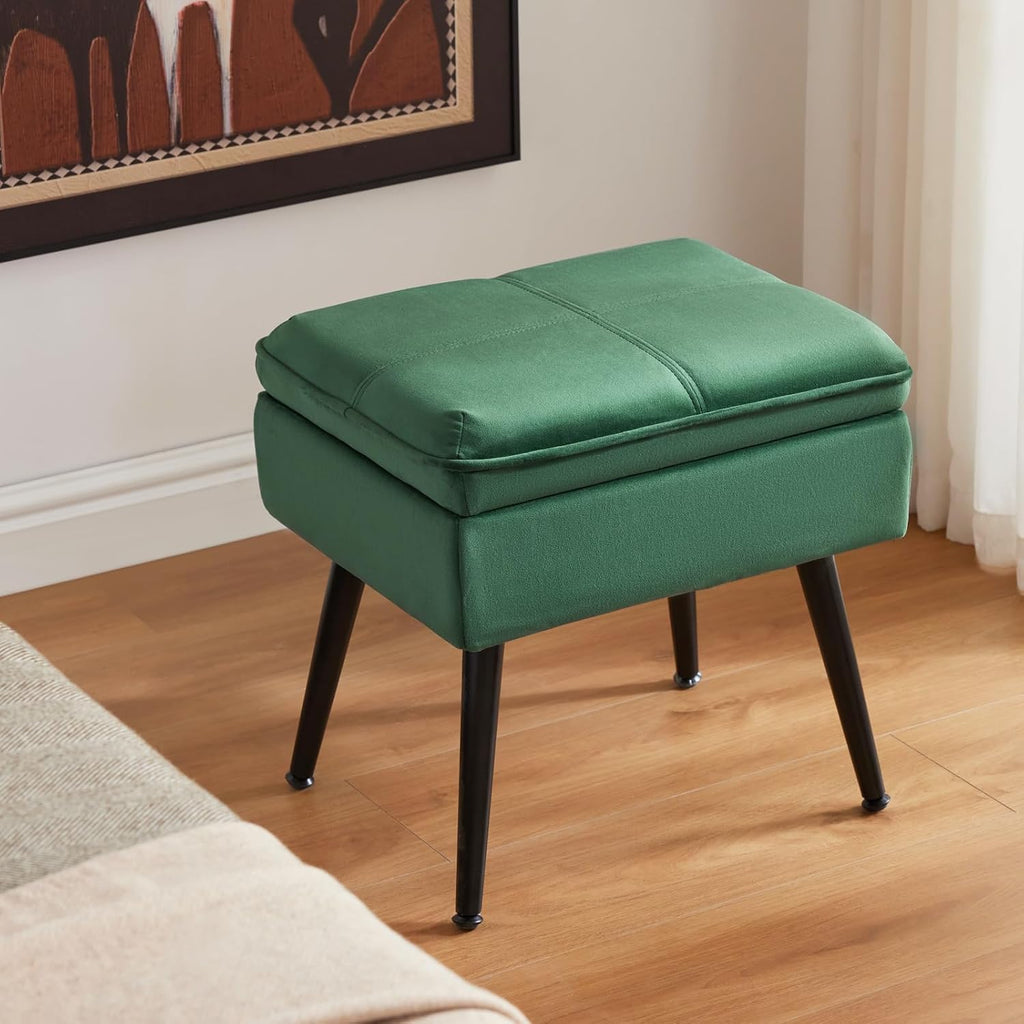 Storage Ottoman Upholstered Stool with Padded Seat, Tufted Vanity Stool with Metal Legs, Accent Stool, Velvet, Green
