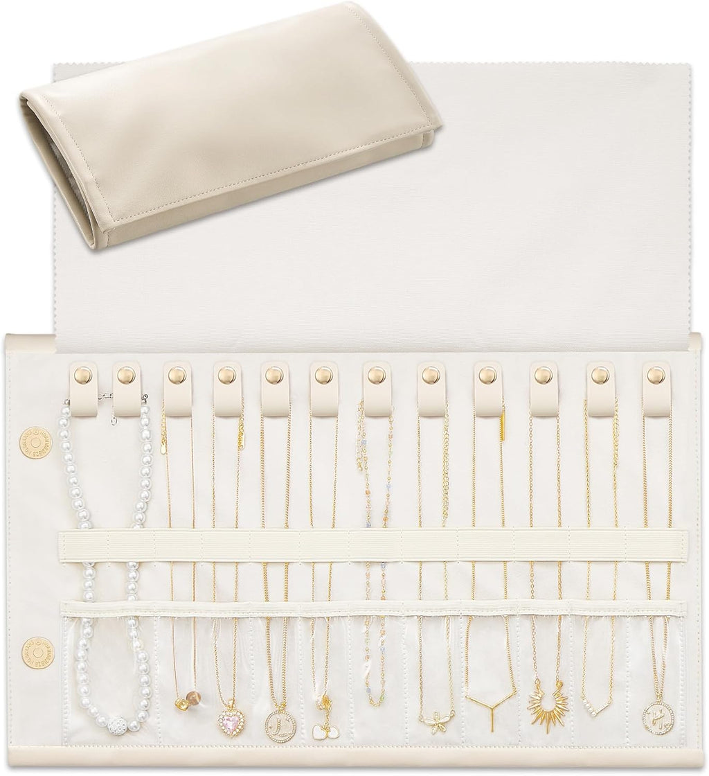 Lolalet Travel Necklace Organizer, Tangle-Free Necklace Case for Travel, Foldable Roll Up Jewelry Storage Bag for Necklaces Chains Bracelets, Beige, 12 Slots Holder