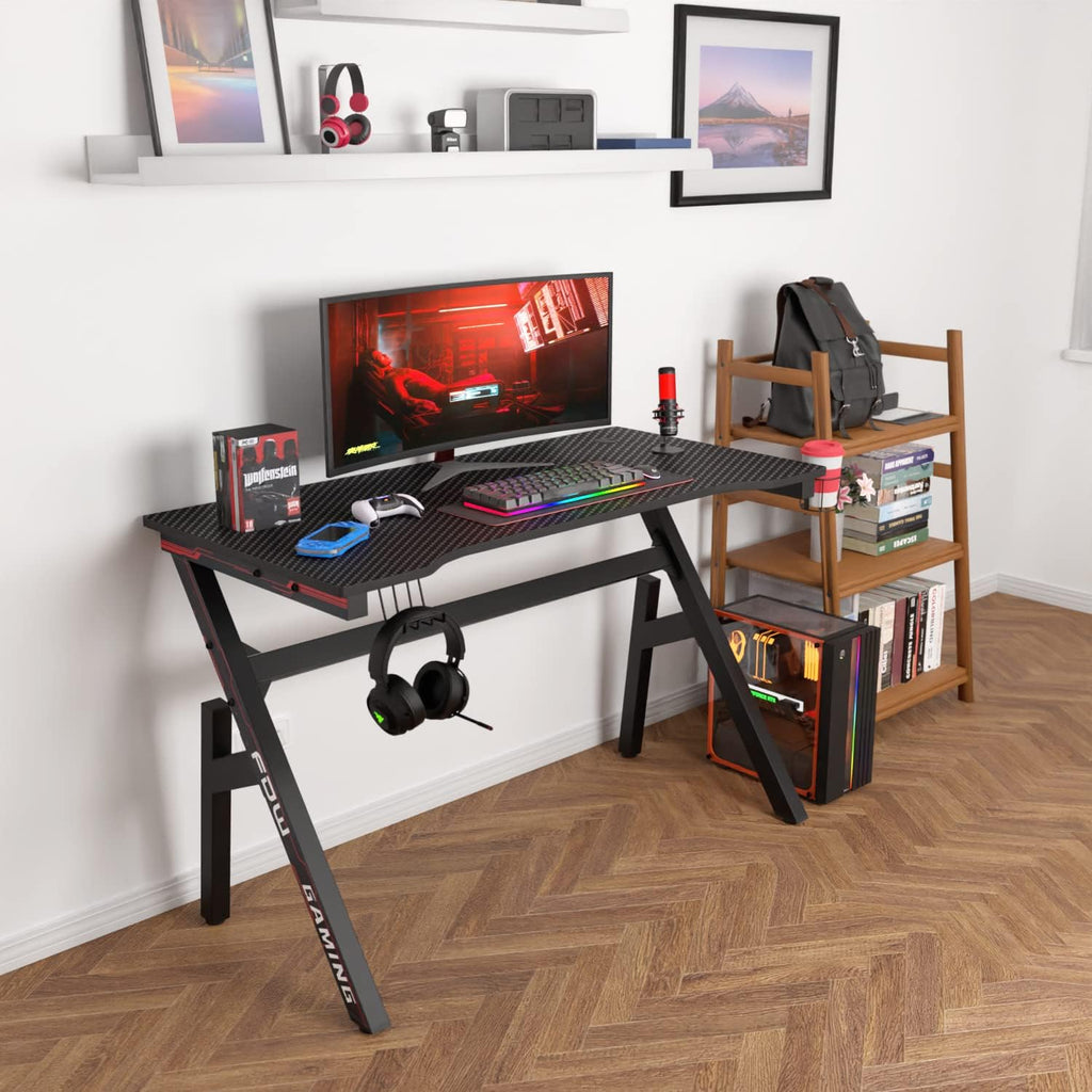 BestOffice | 47" Gaming Desk | Red | Carbon Fiber Textured Computer Desk | Sturdy Steel Frame, Cup Holder, Headphone Hook, Cable Management Holes, Adjustable Leg Pads | for Gamers, Home, Office