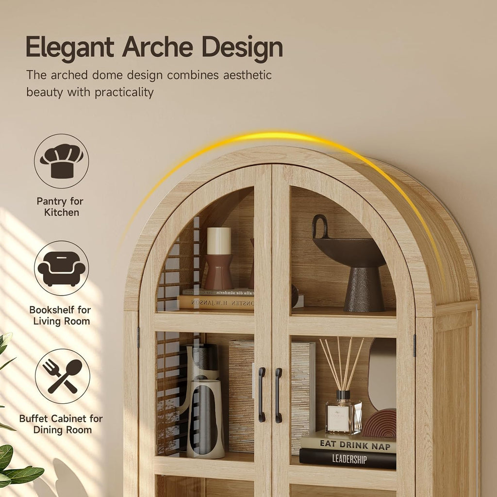 ONBRILL 71" Tall Arched Cabinet, 5-Tier Arched Kitchen Pantry with Glass Doors & Shelves, Modern Display Storage Cabinets with Adjustable Feet, Wooden Pantry Cabinet for Living Room, Dining Room