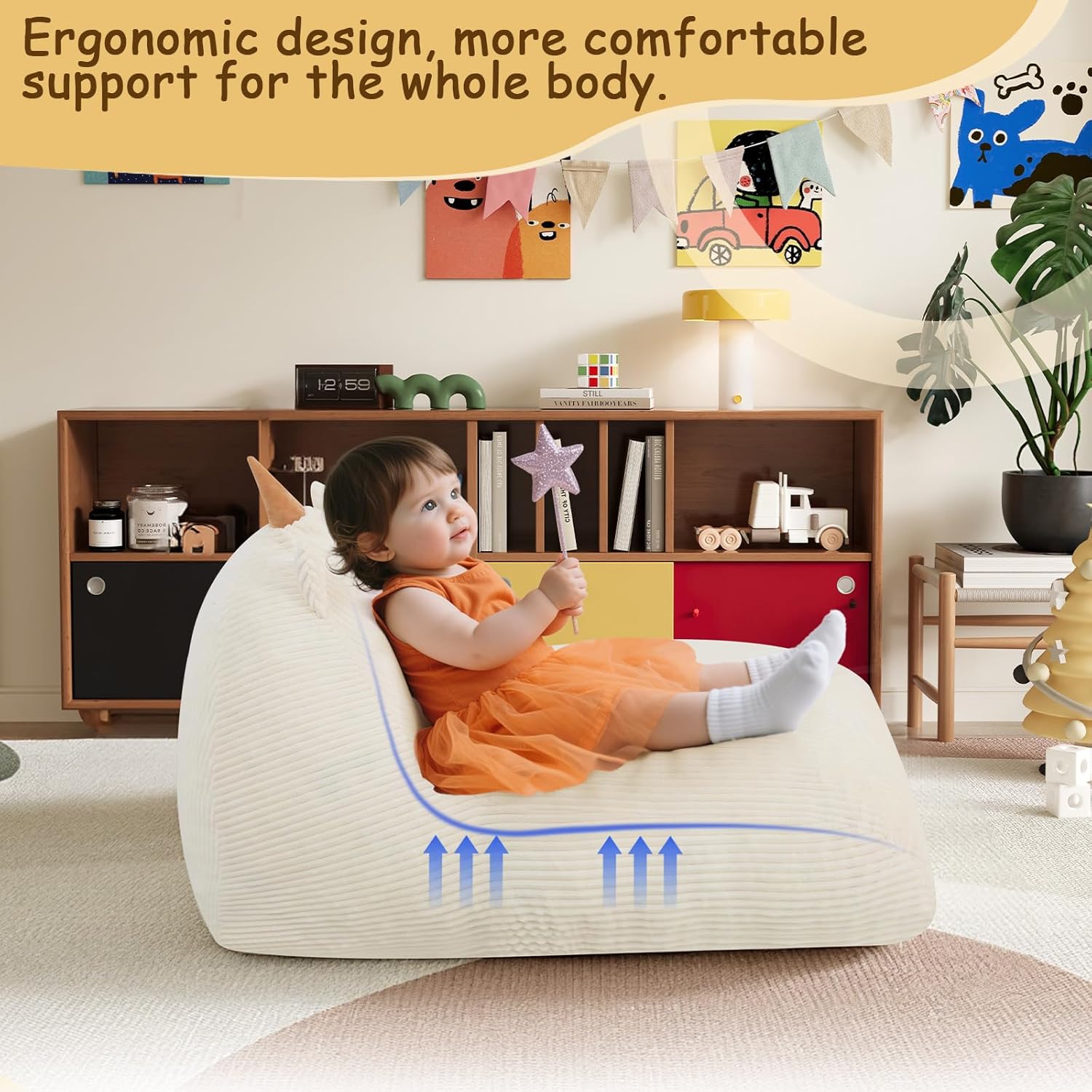 COMAX Bean Bag Chairs for Kids, Unicorn Kid Beanbag Chair with Filler, Toddler Lounge Bean Chair Corduroy, Lazy Floor Lounger for Girls and Boys Stuffed, Beige